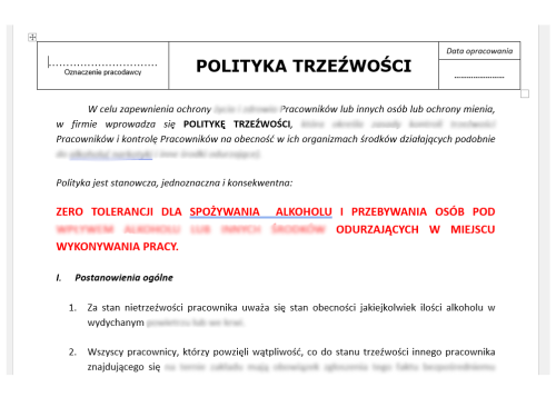 Wzór polityki trzeźwości + szkolenie – bezpieczeństwo pracy i przepisy