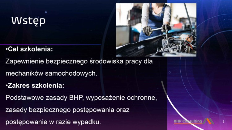 Prezentacja szkoleniowa mechanik samochodowy – bezpieczeństwo pracy w warsztacie