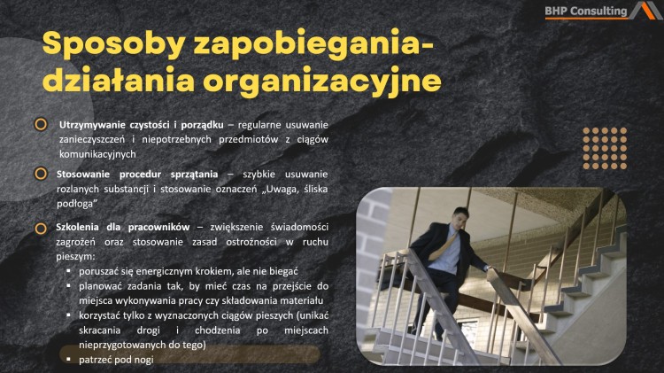 Prezentacja BHP poślizgnięcia – zagrożenia i profilaktyka w pracy
